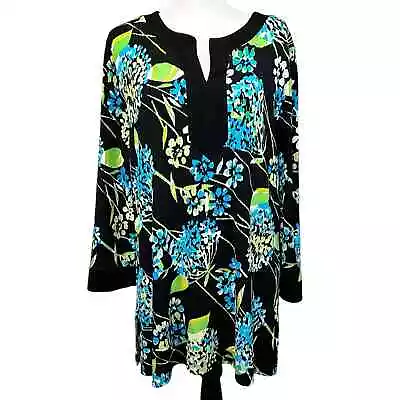 Vikki Vi Black Floral V Neck Long Sleeve Travel Knit Tunic - Women's XL • $29