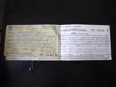 VTg 1951 Bell County Texas Highway Dept 50¢ Fee Auto Registration 1936 Pontiac • $14.95