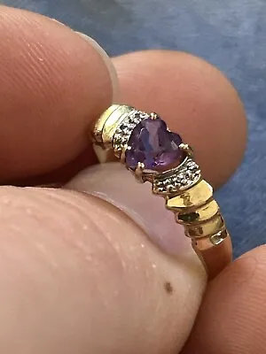 Vintage 10K Gold Ametheyst & Diamond Ring Size 8 Purple Heart Stone • $225