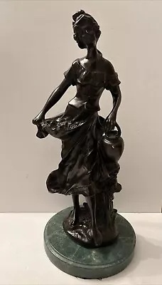 August Moreau Bronze Female Figure With Flowers On Green Marble Base 15.75”H • $425