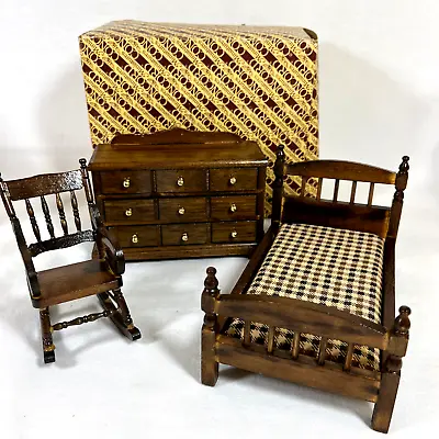 Concord Miniatures Twin Bed Dresser Rocking Chair NEW NOS Bedroom Brown Wood L • $44.98