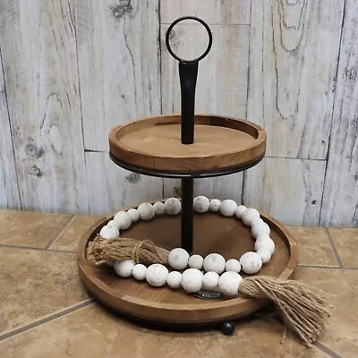 12  Rustic Wood Farmhouse 2 Tier Tray With Wood Beads Decor Two Tiered Shelf • $21.99