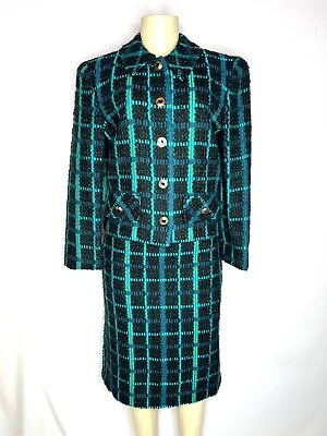 Vintage Castleberry Black Turquoise Plaid Skirt Suit Size 8 Made In Usa • $69.99