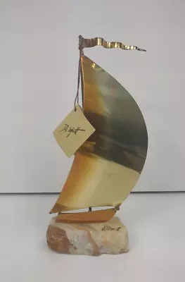 1975 John De Mott Sailboat Sculpture Vintage Brass On Onyx Base Stone 8 3/4  • $18.99