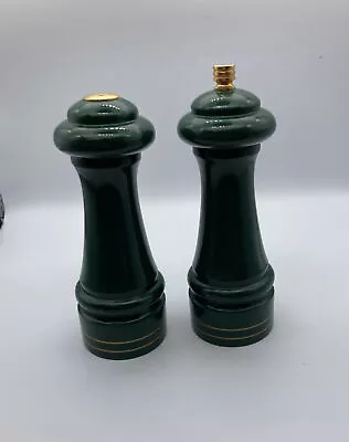 Vintage Old Thompson Green Wooden Salt Shaker And Pepper Grinder Gold Accents • $15