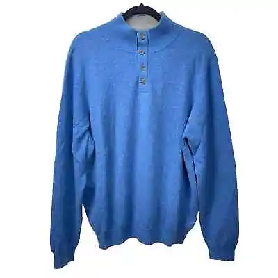 Kinross Men’s Blue Cashmere Henley Mock Neck Sweater With Elbow Patch Detail XL • $74.95