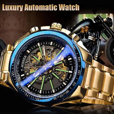 Luxury Men's Stainless Steel Gold Tone Skeleton Automatic Mechanical Wrist Watch • $26.98