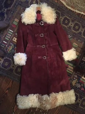 ICONIC VTG 60s 70s BURGUNDY SUEDE LEATHER  MONGOLIAN FUR S LONG COAT BUCKLES • $475