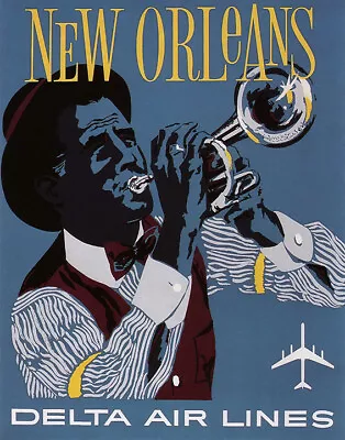 New Orleans Delta Airlines Vintage Travel Jazz Poster • $18