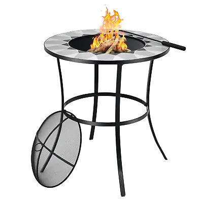 2-In-1  Outdoor Fire Pit Round Fire Table Brazier With Tile Tabletop Mesh Screen • £39.95