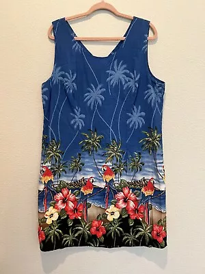 Vintage 90s Vibrant Hawaiian Tropical Print Sleeveless Cotton Dress Parrots XL • $18.40