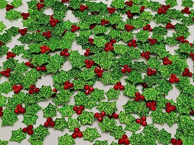 25 Green Glitter Holly With Hand Embellished Red Gems For Berries. Card Toppers. • £3.75