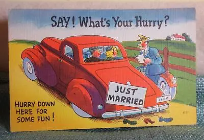 Vintage Postcard Just Married Couple Motorcycle Police Say! What's Your Hurry • $8