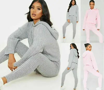 Women's Ladies Cable Knitted Hooded Loungewear Ribbed Suit 2 PC Set Tracksuit  • $28.62