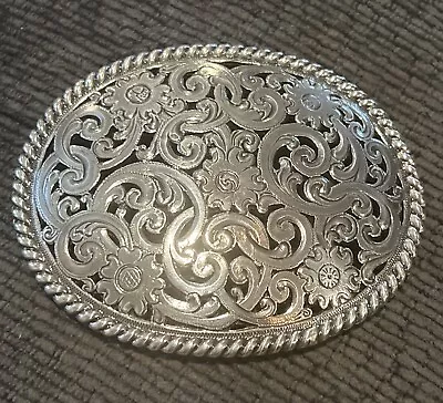 Vintage - Oval Western Silver Toned Flower Swirl Belt Buckle Beautiful Buckle! • $10