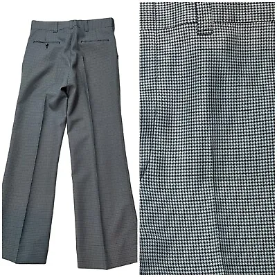 Vintage 70s Men’s Disco Pants Golf Office Dad Trousers Blue Houndstooth 32 X 31 • $30