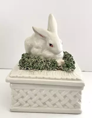 Vintage Italian Majolica Porcelain Trinket Lidded Box Bunny Grass Nest Handmade • $68