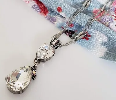 MARIANA Sparkly Clear Crystal AB Teardrop Pear Pendant Silver Plated Necklace • $79.30