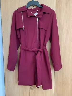 EUC Women's Michael Kors Dark Ruby Red Asymmetric Hooded Raincoat Jacket Med M • $129.95