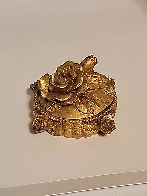 Vintage Round Union City TN Goldcolor Trinket Box With Carved Roses Lid Footed • $15