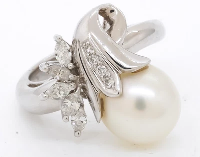 £155 • Buy 18K White Gold 0.29CT Diamond & South Sea Pearl Cocktail Ring Size 7
