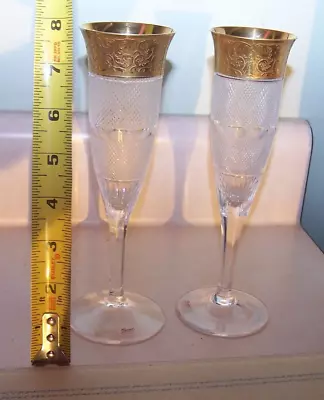 2-SIGNED Moser MICRO DIAMOND CUT & GOLD RIMS Champagne Flutes GLASS WINE • $250