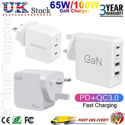 65W/100W USB-C UK Mains Wall Adapter Fast GaN Charger For MacBook/iPhone/iPad • £16.99