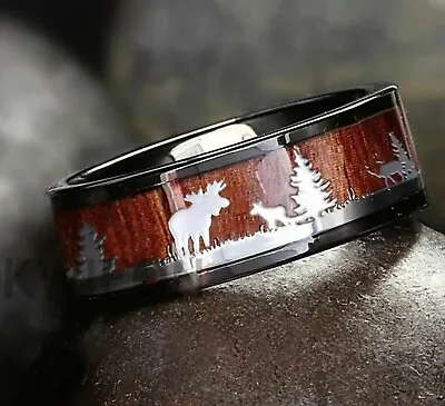 Oliver Black Tungsten Men's Ring; Wood Inlay; Moose Sillouette - Atlers-Trees • $36