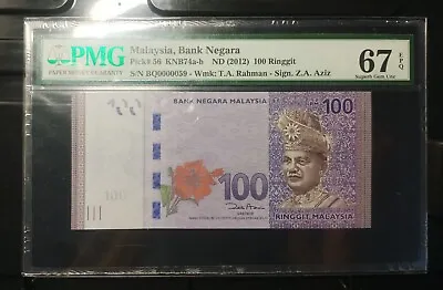 Malaysia Banknote Rm100 Pmg67epq Low Number Bq0000059 Zeti Gabenor • $118