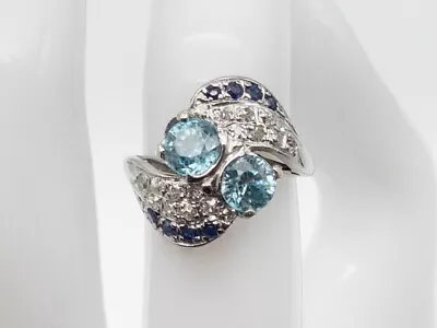 Vintage $4000 3ct Natural Blue Zircon Sapphire VS H Diamond Platinum BYPASS Ring • $850