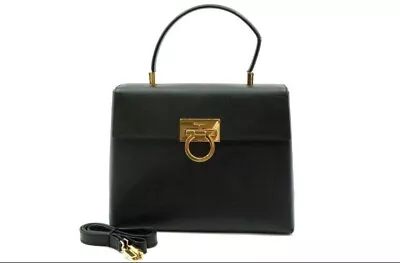 Salvatore Ferragamo Hand Bag Gancini Vintage Black Leather Gold Metal Fittings • $351.88
