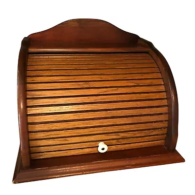 Vintage Wood Bread Box Rolltop Oak Slatted Door Storage Top Shelf Cottagecore • $58.99