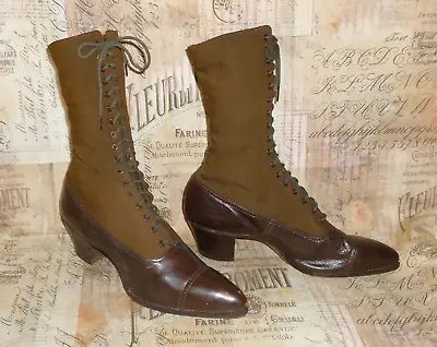 Antique Boots Victorian Edwardian Tutone Silk/Wool Leather Brown Shoes Costume • $282.01