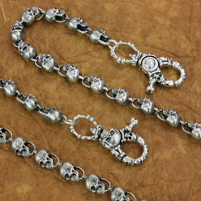 925 Sterling Silver Skulls KeyChain Biker Wallet Chain Punk Accessory TA169WCA • $258.30