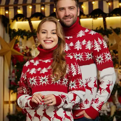 $32.61 • Buy High Neck Christmas Theme Jacquard Couple Sweater Top For Unisex