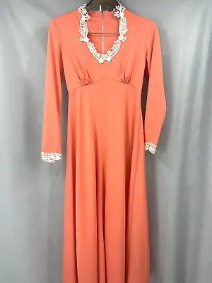 Vtg 70s Maxi Dress Lace Trim Orange Polyester Womens Size 9 Back Zip READ DETAIL • $32.95