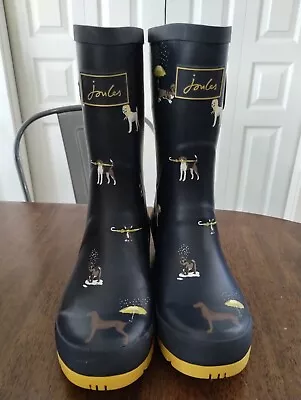 Joules Molly Welly Rain Boots Navy/yellow With Dogs Size EU 39 US 8 • $24.95