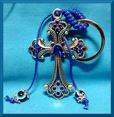 $2.12 • Buy Sapphire Blue Crystal Cross Beaded Keychain Key Ring Woman W/ Dangle Eye Beads 
