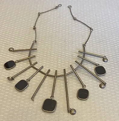 Unsigned Modernist Handmade Sterling Silver Black Onyx Necklace Dangling Collar  • $125