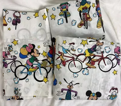 Disney Mickey Mouse Donald Duck Twin Sheet Set Valance Flat Fitted USA Bicycle • £36.16
