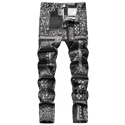 New Arrival Men Fashion 3D Bandanna Printed Jeans Slim Straight Black Trousers • $52.50