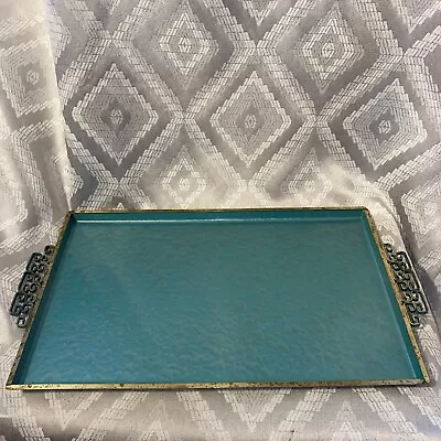 Mid-Century Moire Glaze Kyes Serving Tray Teal Gold MCM Art CA 15.5 X9.5   • $62.50