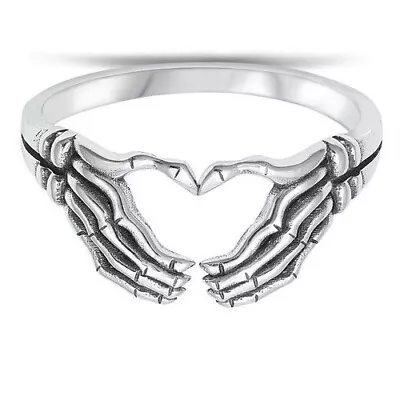 Sterling Silver Skeleton Heart Hands Halloween Fashion Ring Size 4 5 6 7 8 9 10 • $15.95