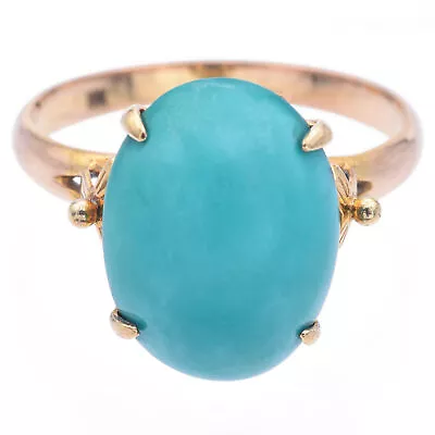 Vintage 14K Yellow Gold Robins Egg Turquoise Oval Cabochon Ring Size 4.75 • $299