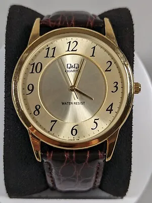 Citizen QQ Gold Tone Dial Round Case Brown Faux Leather Band Watch • $17.14