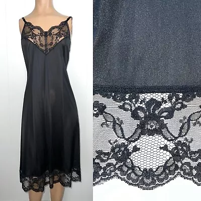 VANITY FAIR Vintage Black Nylon Full Slip WIDE LACE Hem 36 L Fits S To M • $25