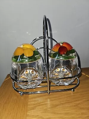 Vintage Lucite Acrylic Strawberry And Marmalade Jam Pots  On Chrome Toast Stand • £12.99