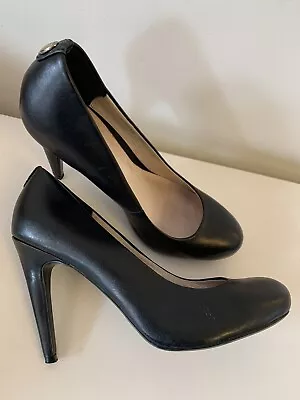 Faith Black Leather High Stiletto Heel Round Toe Leather Lined Court Shoe  UK 7 • £9.99
