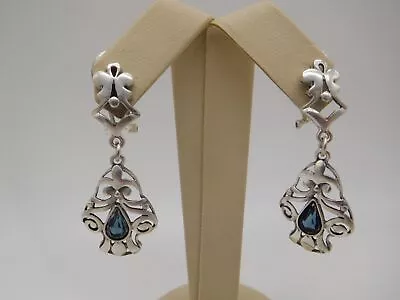 Vintage Sterling Silver Sapphire Stone Dangle Scrolling Beaded Earrings • $49.99