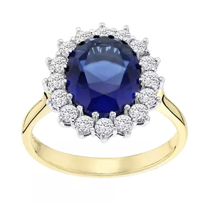 9ct Yellow Gold On Silver Blue Sapphire & Cz Lady Diana Cluster Ring Sizes J - V • £29.95